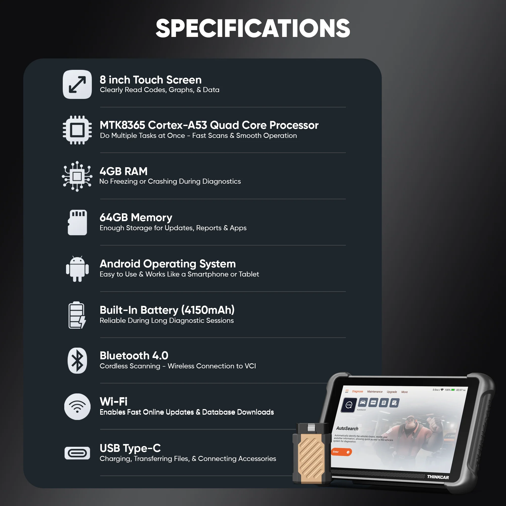 Thinkcar Platinum 191 8-Inch Professional Diagnostic Scanner - Full System OBD2 Scan Tool with Active Test Functions - Image 9