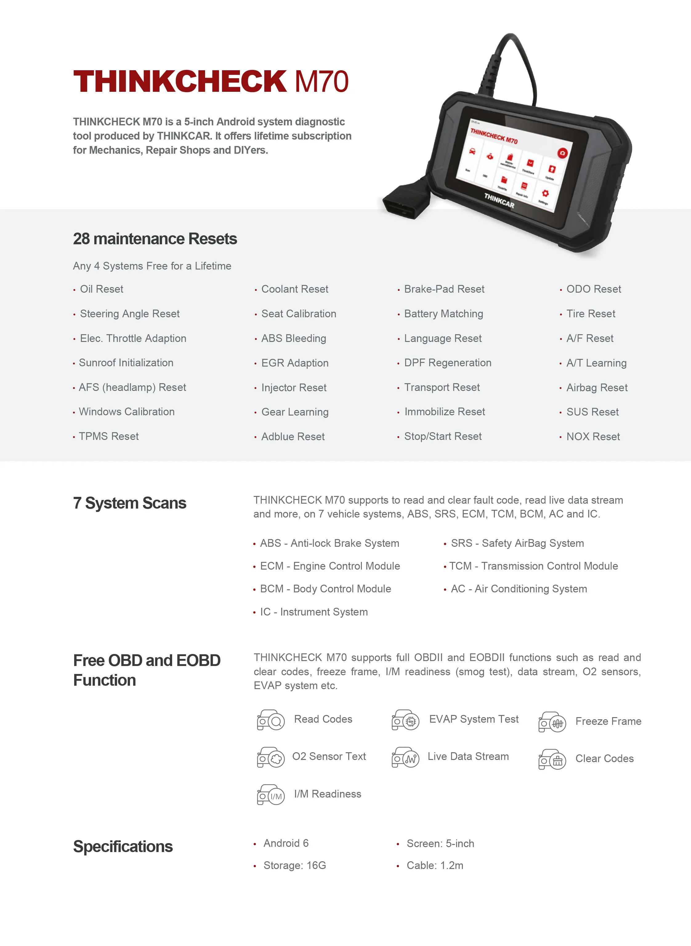 Thinkcar THINKCHECK M70 5-Inch Full System OBD2 Scanner Car Code Reader Tablet Comprehensive Vehicle Diagnostic Scan Tool - Image 6