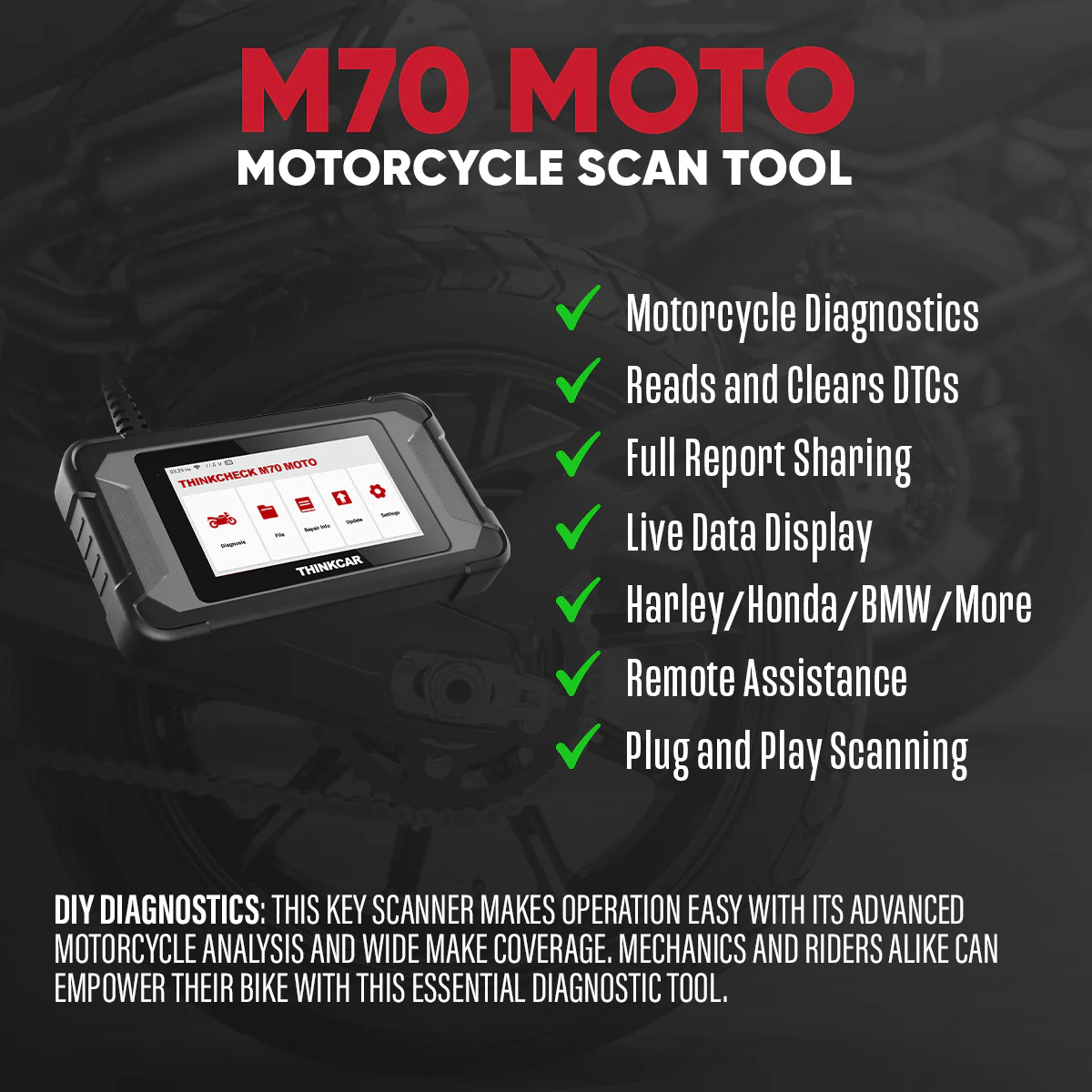 Thinkcar THINKCHECK M70 MOTO 5-Inch Plug & Play Motorcycle UTVs Diagnostic OBD2 Scan Tool - Image 7