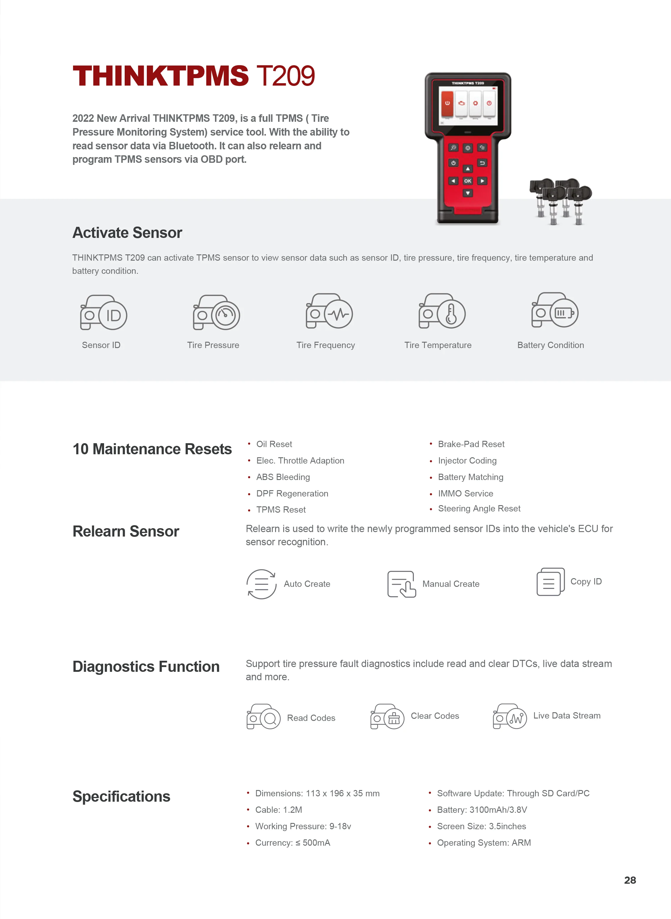 Thinkcar ThinkTPMS T209 - Tire Pressure Sensor Relearn & Reset OBD2 Scanner Automotive Diagnostic Equipment - Image 5